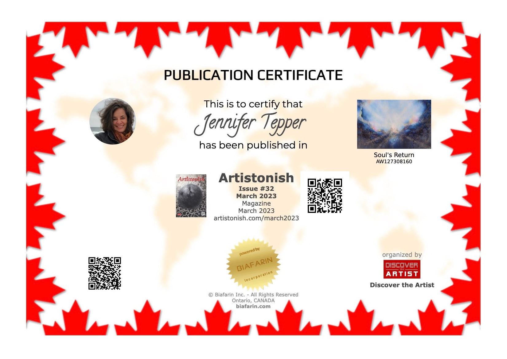 publication certificate for Souls Return in the March, 2023 issue of Artonish Magazine. Jennifer Tepper Fine Art