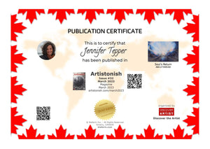 publication certificate for Souls Return in the March, 2023 issue of Artonish Magazine. Jennifer Tepper Fine Art