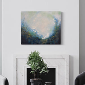 This stunning original abstract painting evokes a feeling of soulful peace and beckons a return to your spiritual center. Dive in and explore this portal which invites personal reflection with its powerful imagery of a magical portal opening up to a realm of endless possibilities. Painting hangs on a white wall over a white marble fireplace, with a deep green plant in front of it.