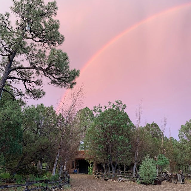 Jennifer Tepper's New Mexico studio, with a monsoon sunset and rainbow. Jennifer Tepper Fine Art