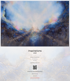 Soul's Return, a textured painting with light rays shining out from the center representing the soul's return to one's self, or the universe, Inspirations 2023 Group Exhibition