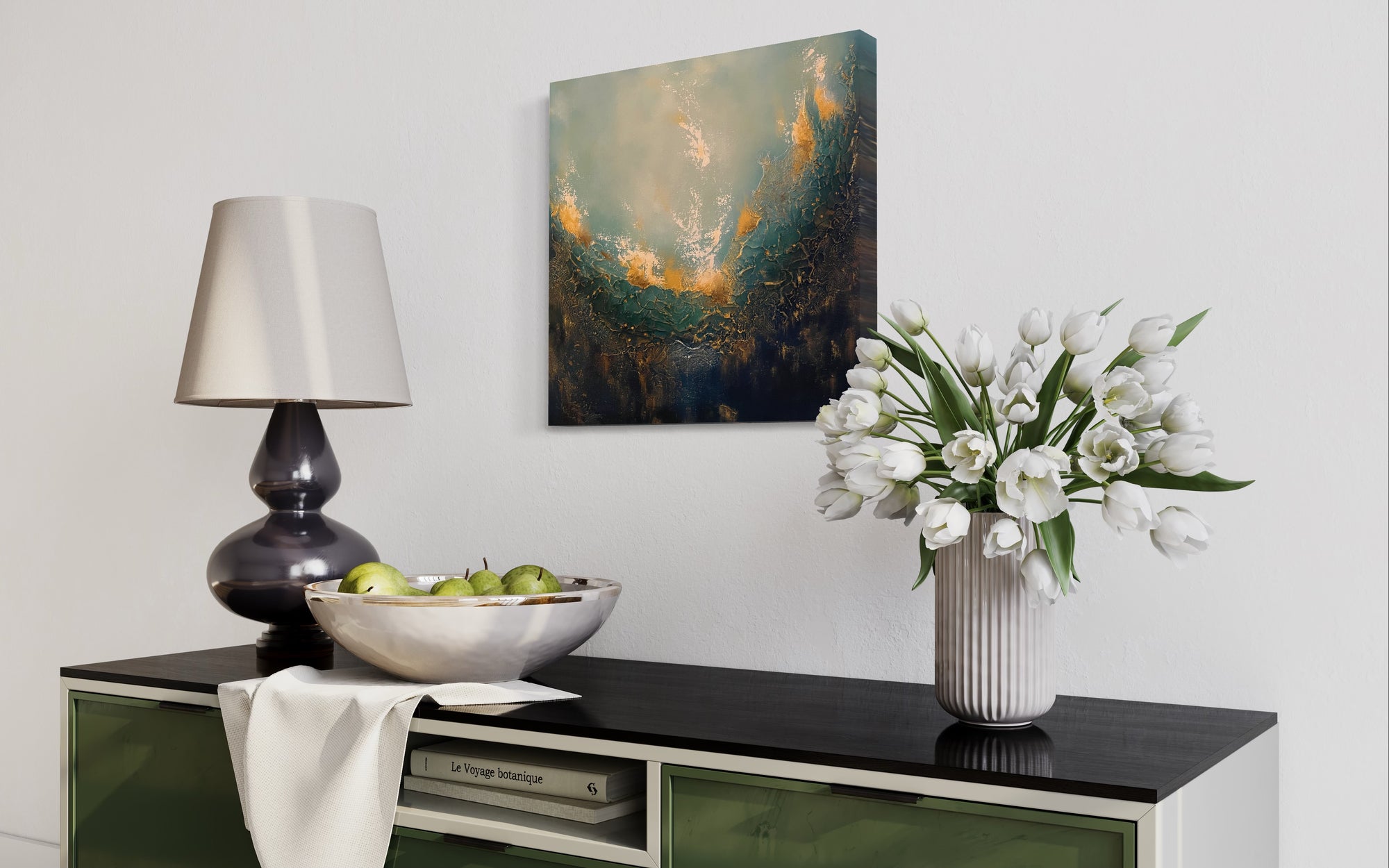 As Within, So Without, a painting by Jennifer Tepper that reminds us that our outer world matches our inner world - change the inner to change the outer. Greens, blues, golds, white, portal painting, soul painting, soulful art, ephemeral art, textured art. Jennifer Tepper Fine Art