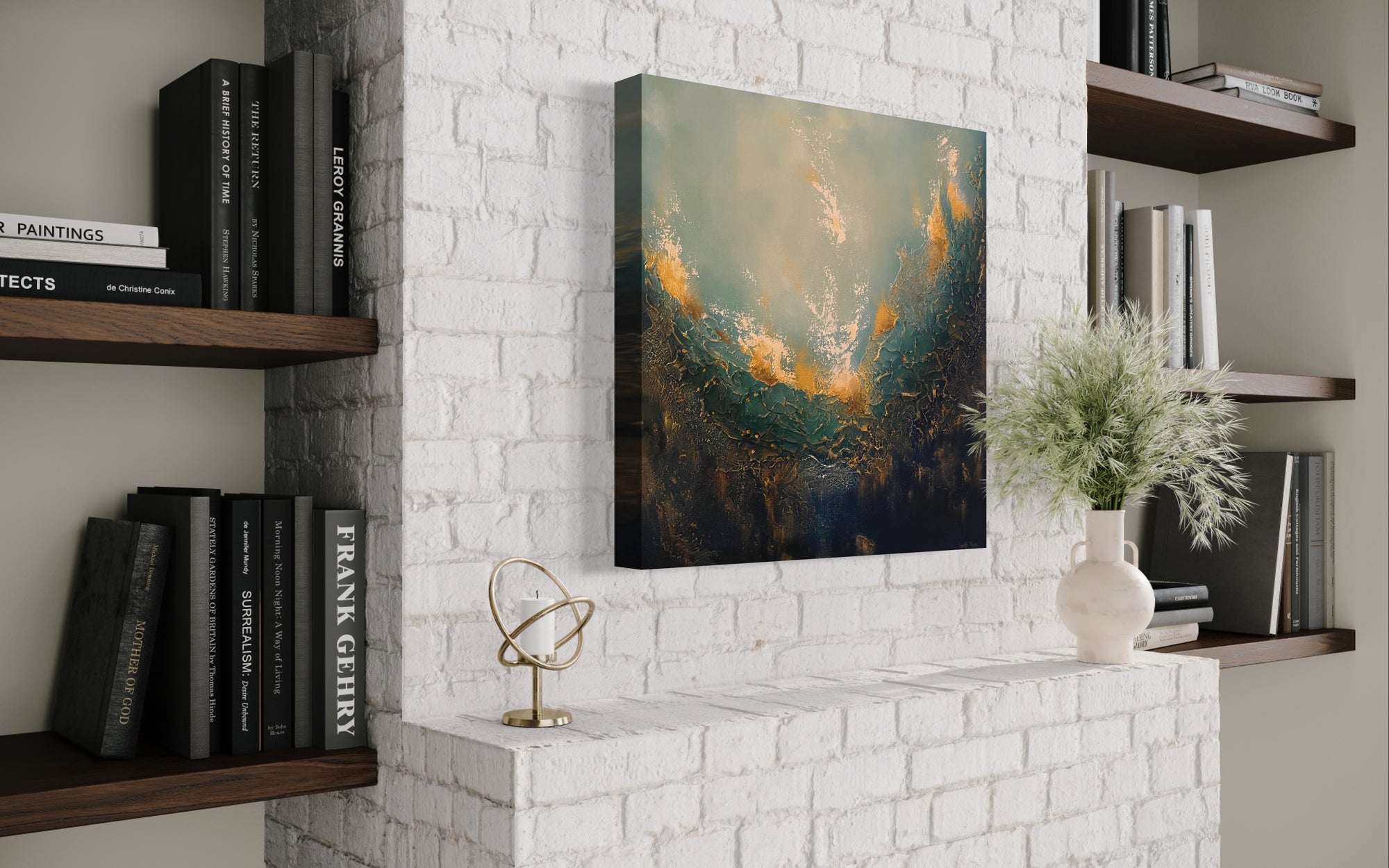 As Within, So Without, a painting by Jennifer Tepper that reminds us that our outer world matches our inner world - change the inner to change the outer. Greens, blues, golds, white, portal painting, soul painting, soulful art, ephemeral art, textured art. Jennifer Tepper Fine Art