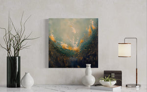 As Within, So Without, a painting by Jennifer Tepper that reminds us that our outer world matches our inner world - change the inner to change the outer. Greens, blues, golds, white, portal painting, soul painting, soulful art, ephemeral art, textured art. Jennifer Tepper Fine Art