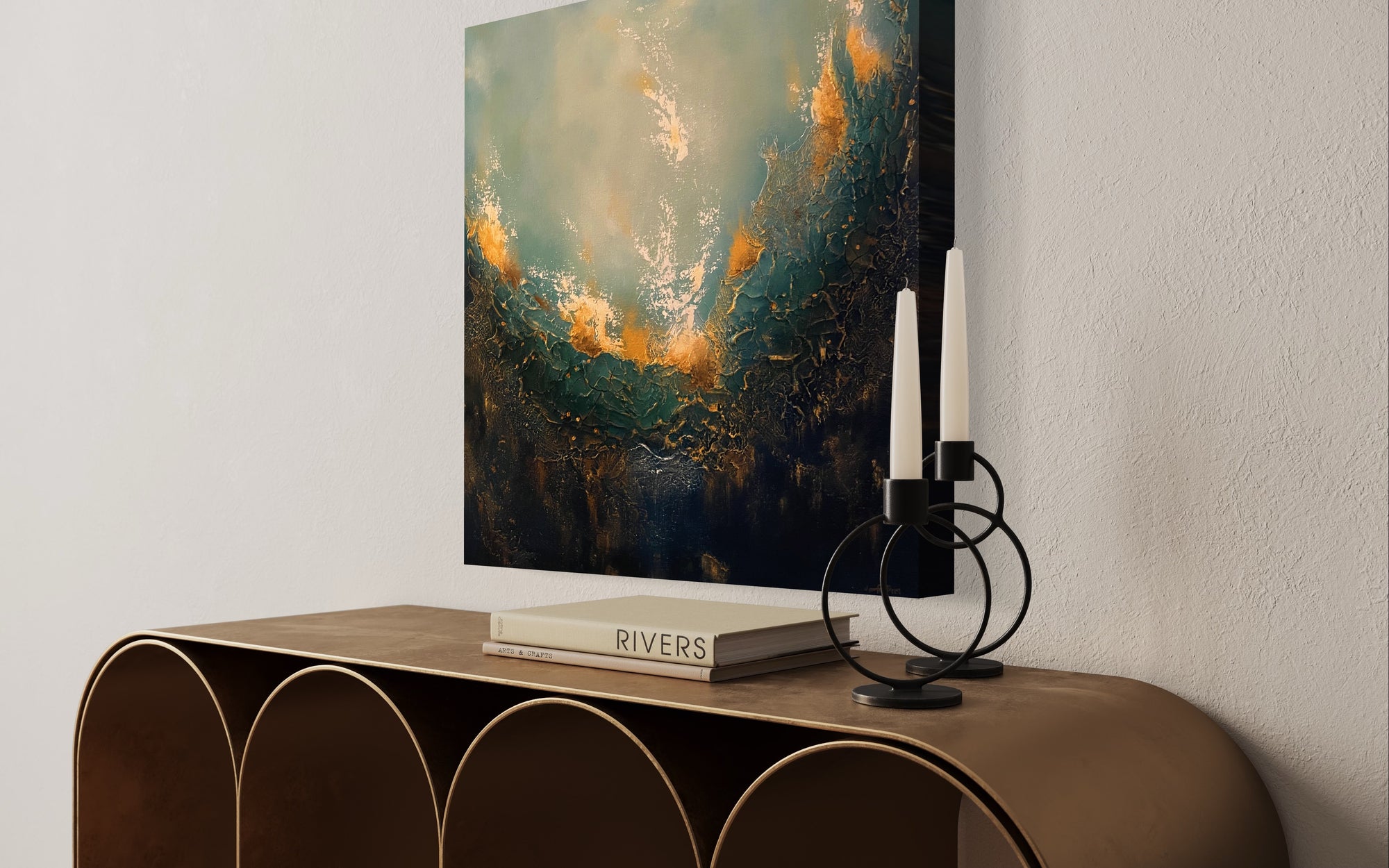 As Within, So Without, a painting by Jennifer Tepper that reminds us that our outer world matches our inner world - change the inner to change the outer. Greens, blues, golds, white, portal painting, soul painting, soulful art, ephemeral art, textured art. Jennifer Tepper Fine Art