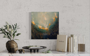 As Within, So Without, a painting by Jennifer Tepper that reminds us that our outer world matches our inner world - change the inner to change the outer. Greens, blues, golds, white, portal painting, soul painting, soulful art, ephemeral art, textured art. Jennifer Tepper Fine Art