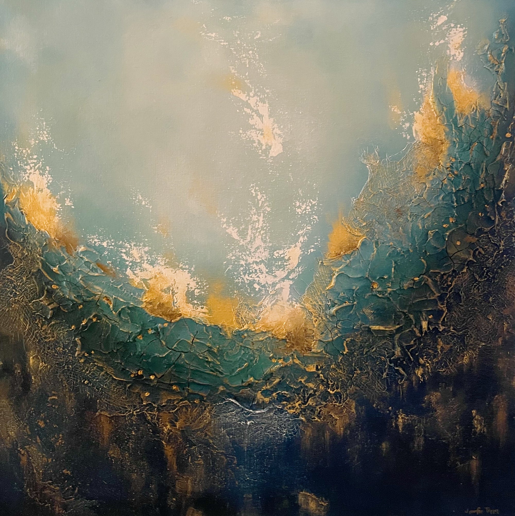 As Within, So Without, a painting by Jennifer Tepper that reminds us that our outer world matches our inner world - change the inner to change the outer. Greens, blues, golds, white, portal painting, soul painting, soulful art, ephemeral art, textured art. Jennifer Tepper Fine Art