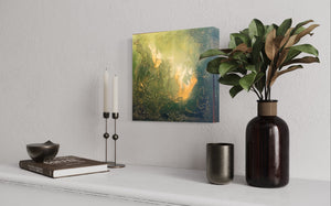 Living in the Deep End, a painting by Jennifer Tepper and a reminder to dive into life, don't stay in the shallow end where it's safe (and boring). Greens, golds, lots of texture, portal, soul painting.Jennifer Tepper Fine Art