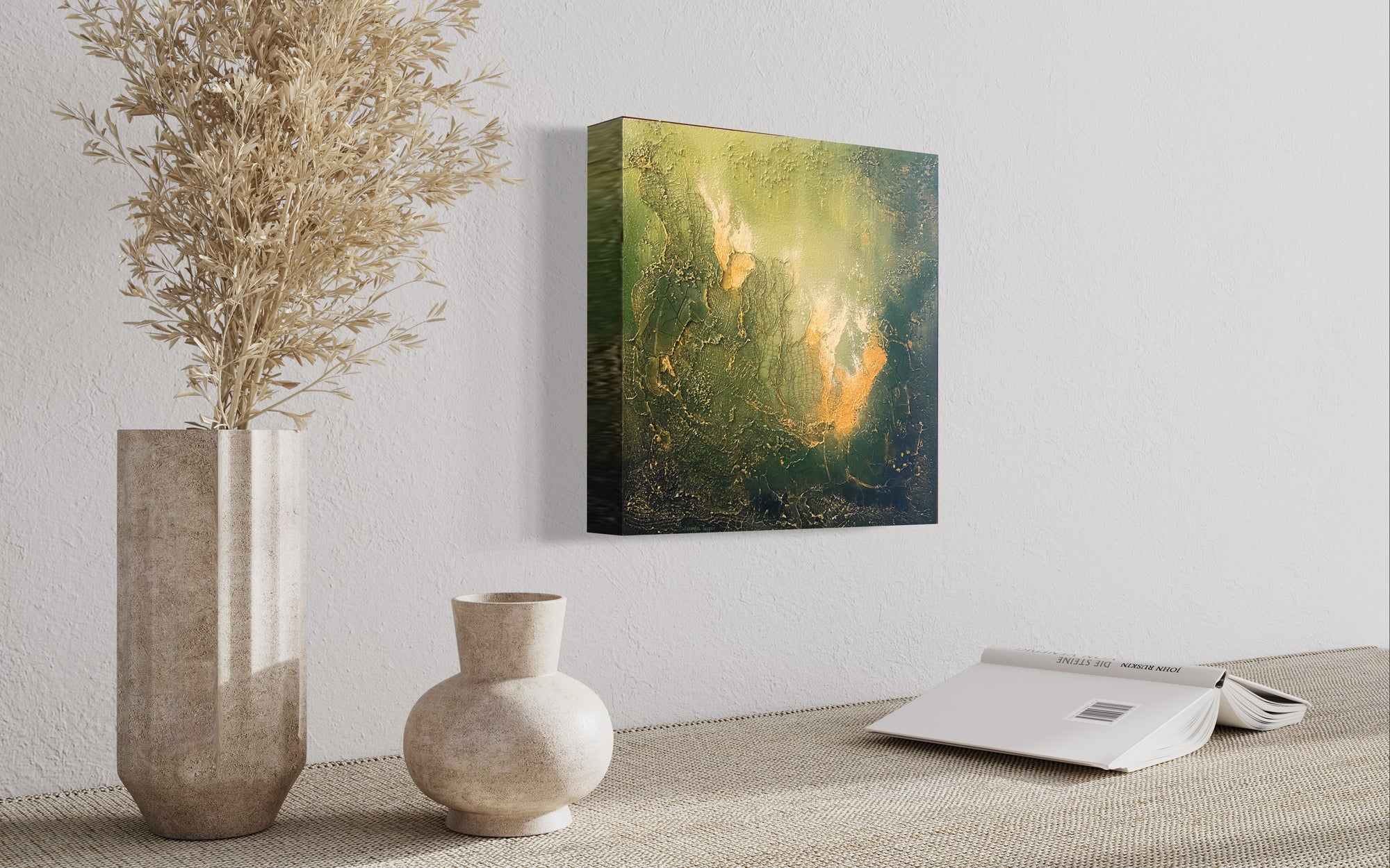 Living in the Deep End, a painting by Jennifer Tepper and a reminder to dive into life, don't stay in the shallow end where it's safe (and boring). Greens, golds, lots of texture, portal, soul painting.Jennifer Tepper Fine Art