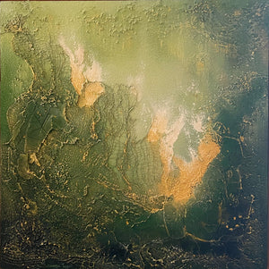 Living in the Deep End, a painting by Jennifer Tepper and a reminder to dive into life, don't stay in the shallow end where it's safe (and boring). Greens, golds, lots of texture, portal, soul painting.Jennifer Tepper Fine Art