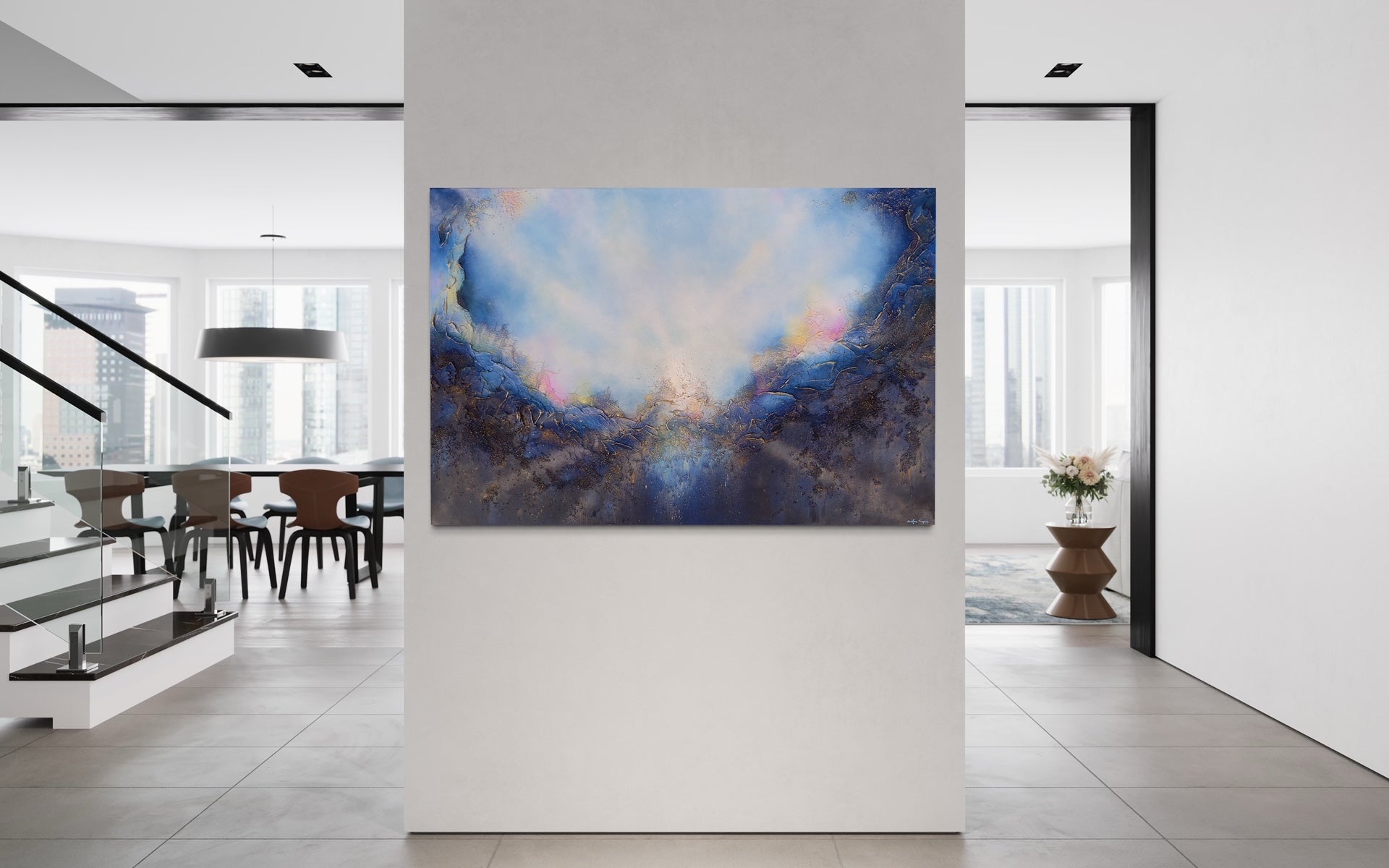 Soul's Return, a textured painting with light rays shining out from the center representing the soul's return to one's self, or the universe. Blue, pink, white, dark blue, textured painting. Ephemeral art, art with meaning, soul artist. Jennifer Tepper Fine Art.