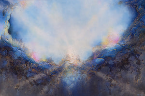 Soul's Return, a textured painting with light rays shining out from the center representing the soul's return to one's self, or the universe