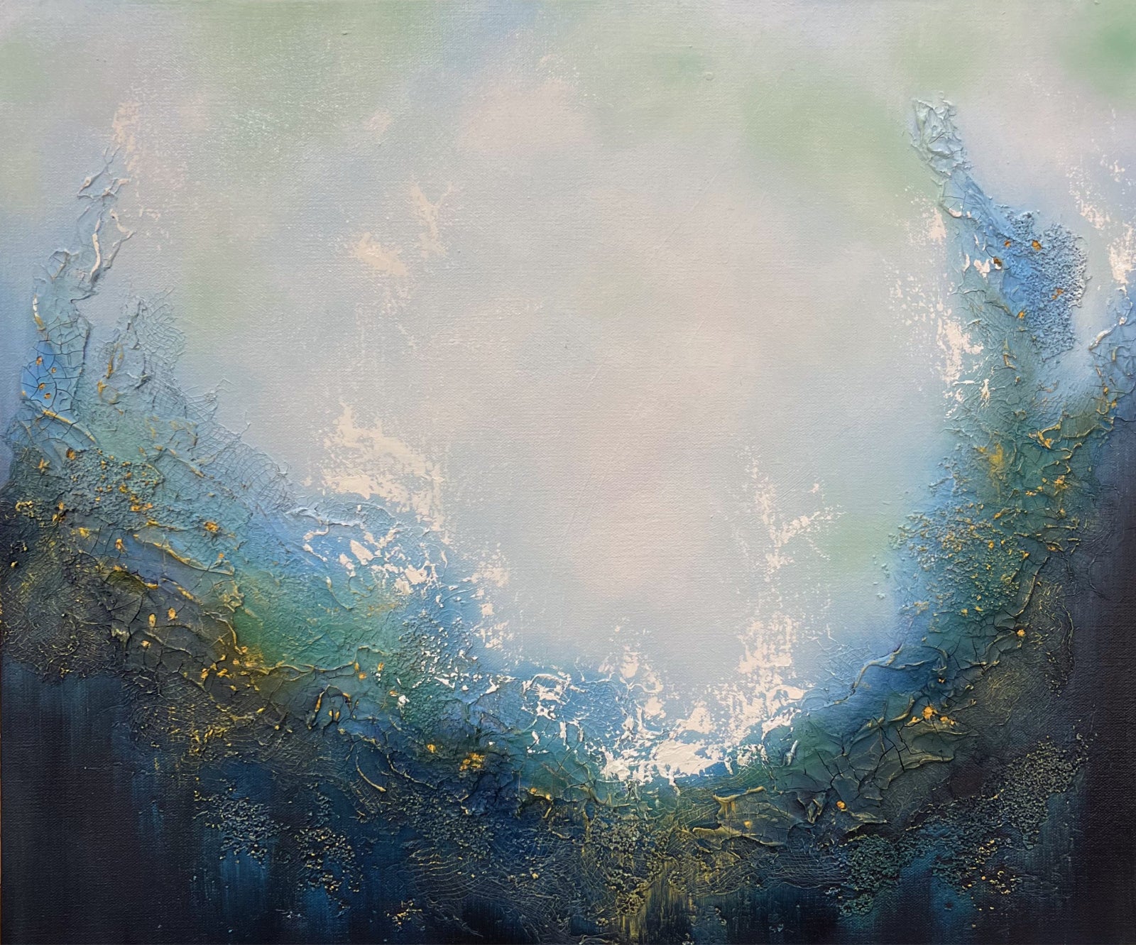 This stunning original abstract painting evokes a feeling of soulful peace and beckons a return to your spiritual center. Dive in and explore this portal which invites personal reflection with its powerful imagery of a magical portal opening up to a realm of endless possibilities. 